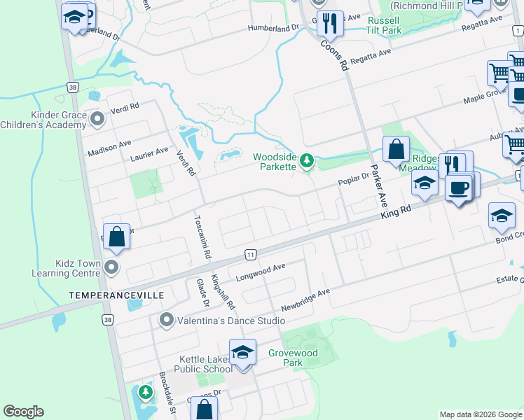 map of restaurants, bars, coffee shops, grocery stores, and more near 19 Mapleton Street in Richmond Hill