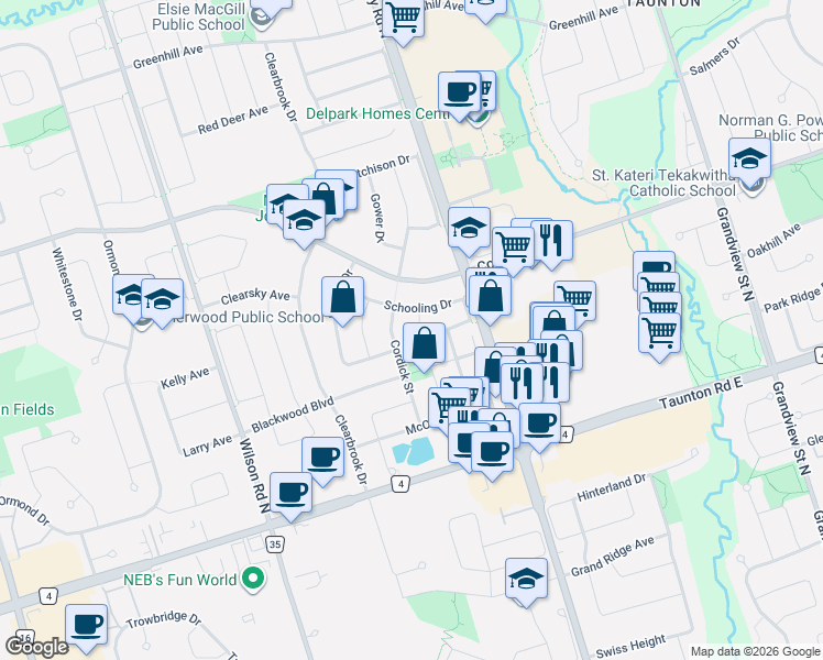 map of restaurants, bars, coffee shops, grocery stores, and more near 1450 Rennie Street in Oshawa