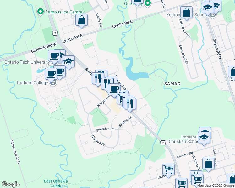 map of restaurants, bars, coffee shops, grocery stores, and more near 1805 Simcoe Street North in Oshawa