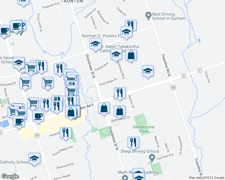 map of restaurants, bars, coffee shops, grocery stores, and more near 1409 Lyncroft Crescent in Oshawa