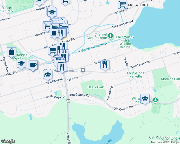 map of restaurants, bars, coffee shops, grocery stores, and more near 123 Sunset Beach Road in Richmond Hill