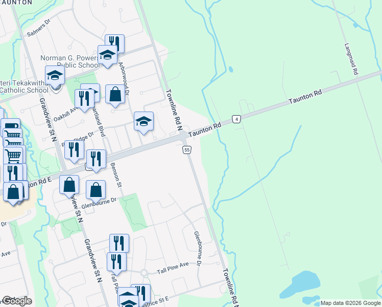 map of restaurants, bars, coffee shops, grocery stores, and more near 1351 Townline Road North in Oshawa