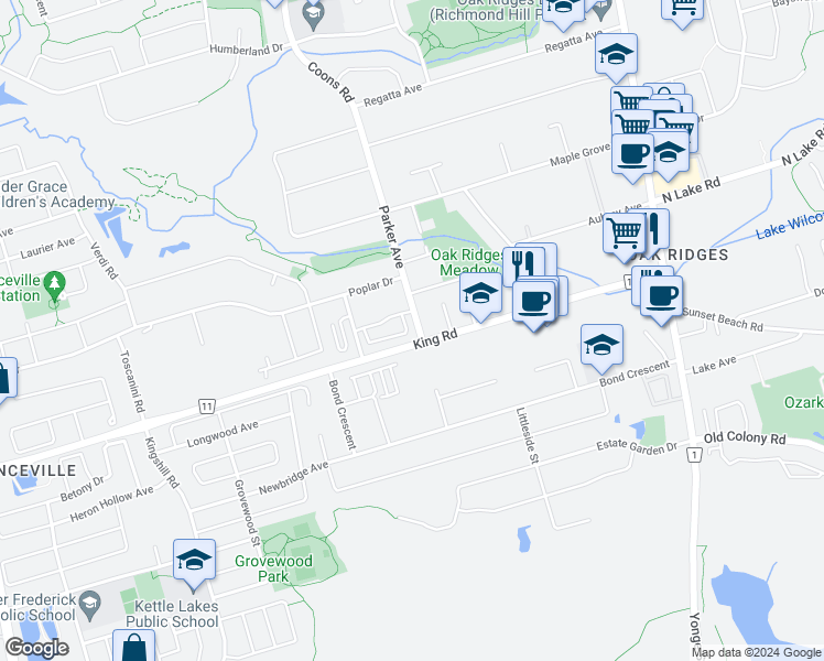 map of restaurants, bars, coffee shops, grocery stores, and more near 6 Parker Avenue in Richmond Hill