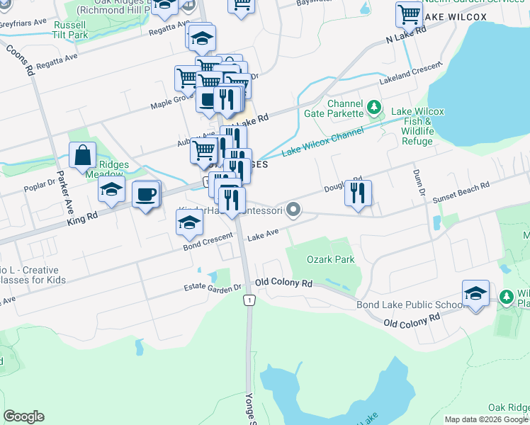 map of restaurants, bars, coffee shops, grocery stores, and more near 49 Sunset Beach Road in Richmond Hill