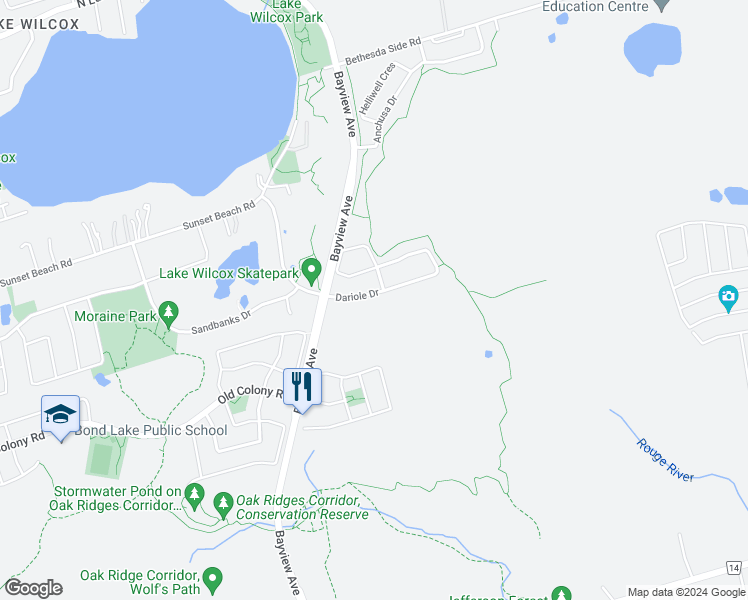 map of restaurants, bars, coffee shops, grocery stores, and more near 45 Dariole Drive in Richmond Hill