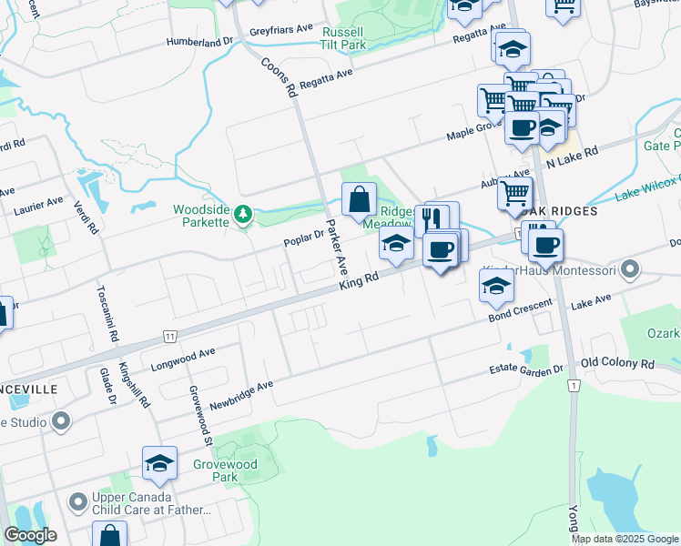 map of restaurants, bars, coffee shops, grocery stores, and more near in Richmond Hill