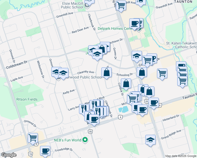 map of restaurants, bars, coffee shops, grocery stores, and more near 1507 Clearbrook Drive in Oshawa