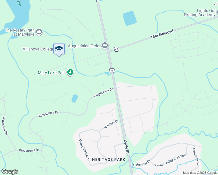 map of restaurants, bars, coffee shops, grocery stores, and more near 11 Kingscross Drive in King City