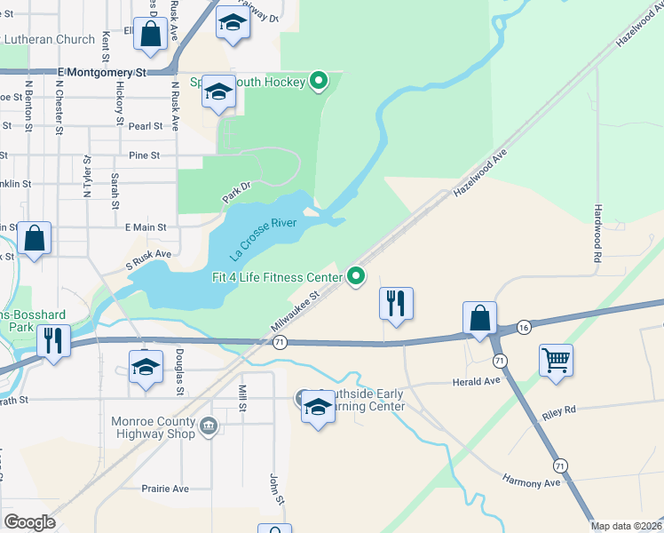 map of restaurants, bars, coffee shops, grocery stores, and more near 1118 Milwaukee Street in Sparta