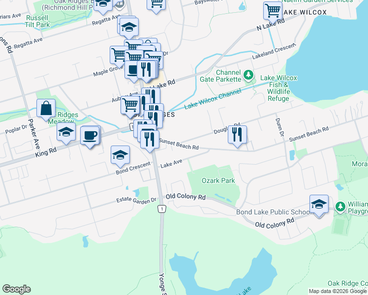 map of restaurants, bars, coffee shops, grocery stores, and more near 77 Sunset Beach Road in Richmond Hill