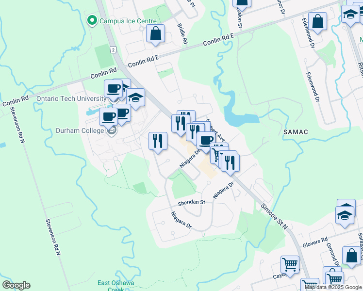 map of restaurants, bars, coffee shops, grocery stores, and more near 1900 Simcoe Street North in Oshawa