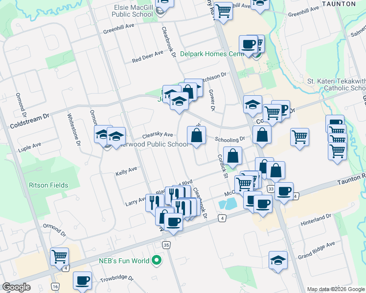 map of restaurants, bars, coffee shops, grocery stores, and more near 1507 Clearbrook Drive in Oshawa