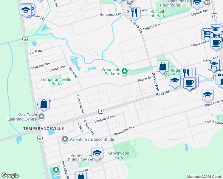 map of restaurants, bars, coffee shops, grocery stores, and more near 30 Mapleton Street in Richmond Hill