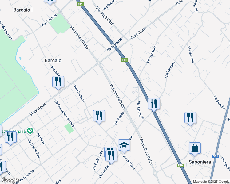 map of restaurants, bars, coffee shops, grocery stores, and more near Via Unità d'Italia in Provincia di Lucca