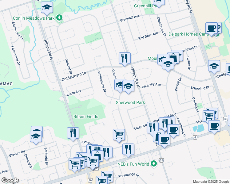 map of restaurants, bars, coffee shops, grocery stores, and more near in Oshawa