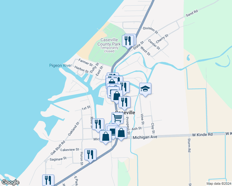 map of restaurants, bars, coffee shops, grocery stores, and more near 6603 Main Street in Caseville