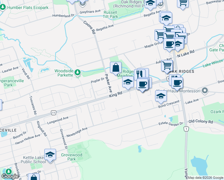 map of restaurants, bars, coffee shops, grocery stores, and more near 3 Parker Avenue in Richmond Hill