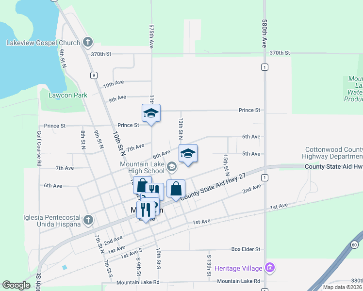 map of restaurants, bars, coffee shops, grocery stores, and more near 1300 6th Avenue in Mountain Lake