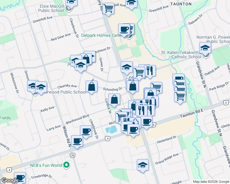 map of restaurants, bars, coffee shops, grocery stores, and more near 1453 Rennie Street in Oshawa