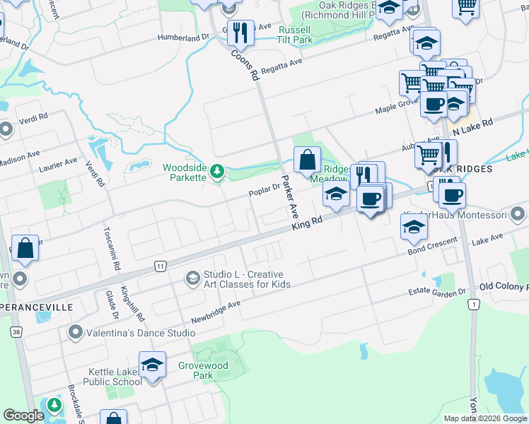 map of restaurants, bars, coffee shops, grocery stores, and more near 44 Globemaster Lane in Richmond Hill