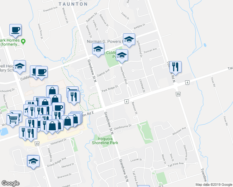 map of restaurants, bars, coffee shops, grocery stores, and more near 1396 Lyncroft Crescent in Oshawa