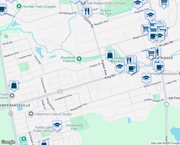 map of restaurants, bars, coffee shops, grocery stores, and more near in Richmond Hill