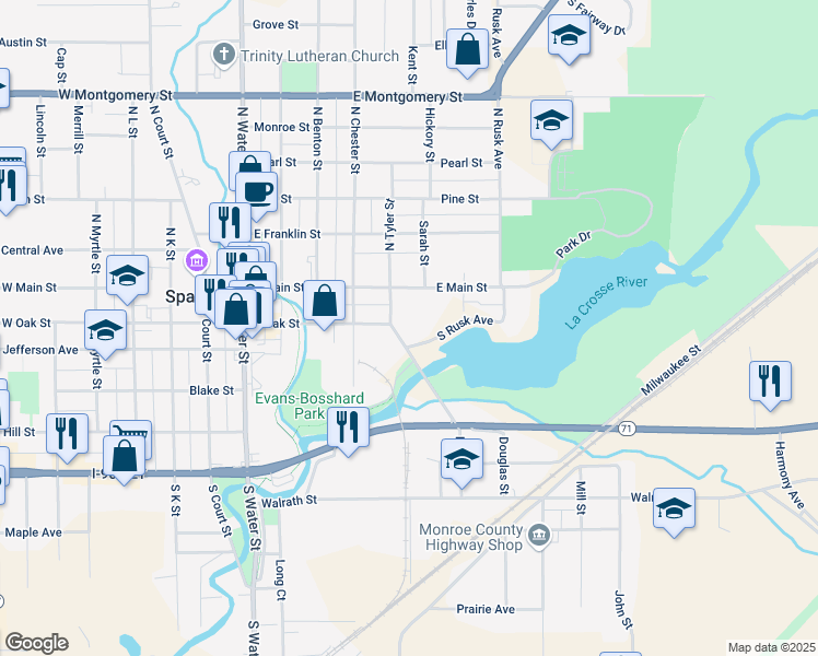 map of restaurants, bars, coffee shops, grocery stores, and more near 231 East Avenue in Sparta
