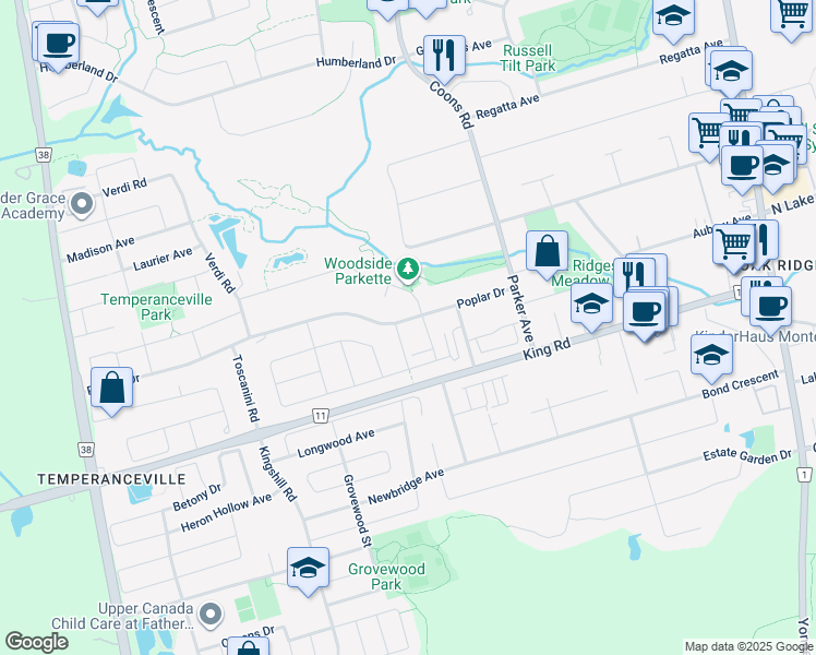 map of restaurants, bars, coffee shops, grocery stores, and more near 27 Poplar Drive in Richmond Hill