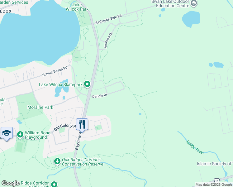 map of restaurants, bars, coffee shops, grocery stores, and more near 87 Dariole Drive in Richmond Hill