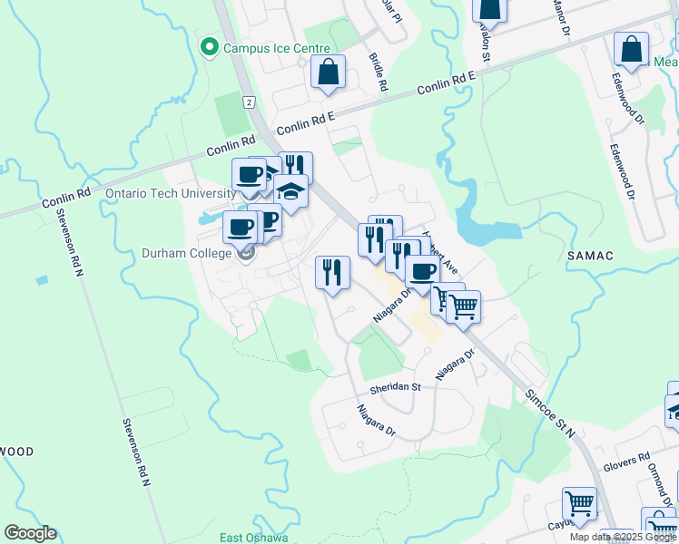 map of restaurants, bars, coffee shops, grocery stores, and more near 1860 Dalhousie Crescent in Oshawa