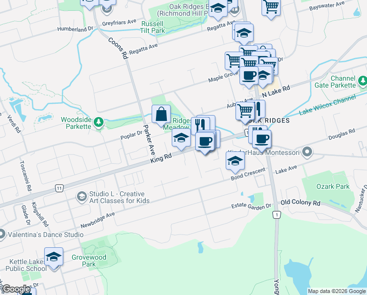 map of restaurants, bars, coffee shops, grocery stores, and more near 13 George Street in Richmond Hill