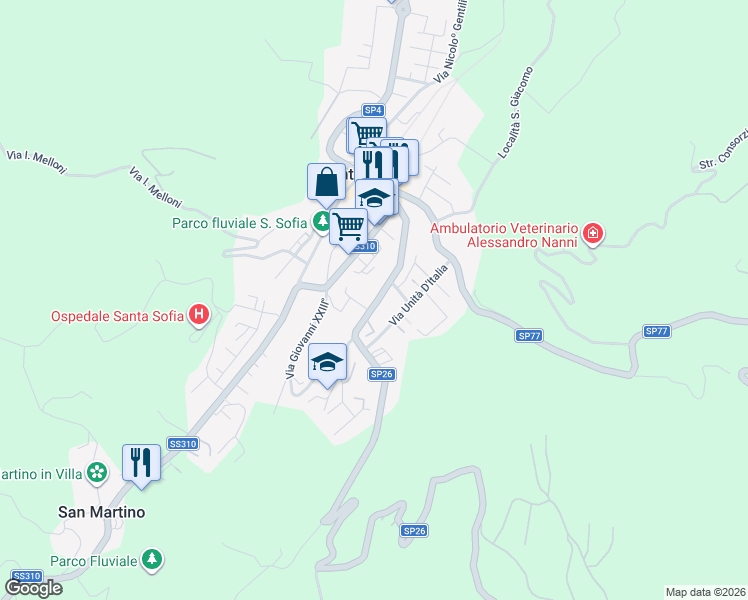 map of restaurants, bars, coffee shops, grocery stores, and more near 26 SP26 in Santa Sofia