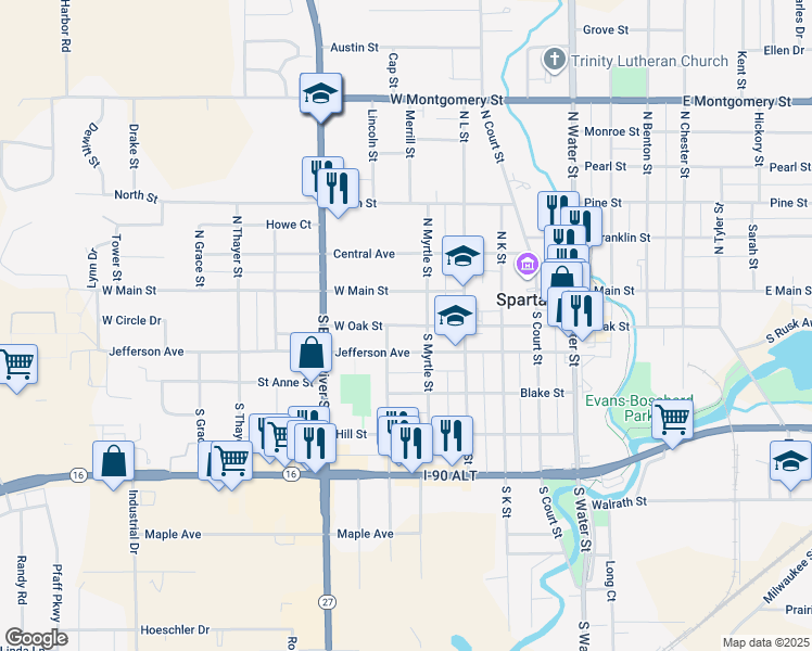 map of restaurants, bars, coffee shops, grocery stores, and more near 515 West Main Street in Sparta