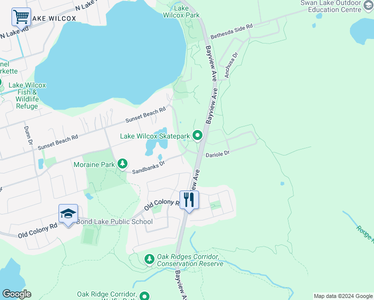 map of restaurants, bars, coffee shops, grocery stores, and more near 12845 Bayview Park Lane in Richmond Hill