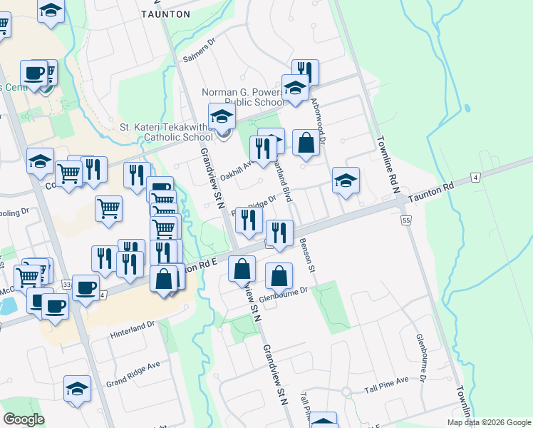 map of restaurants, bars, coffee shops, grocery stores, and more near in Oshawa