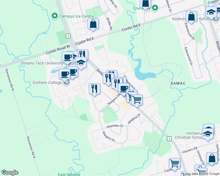 map of restaurants, bars, coffee shops, grocery stores, and more near 1900 Simcoe Street North in Oshawa