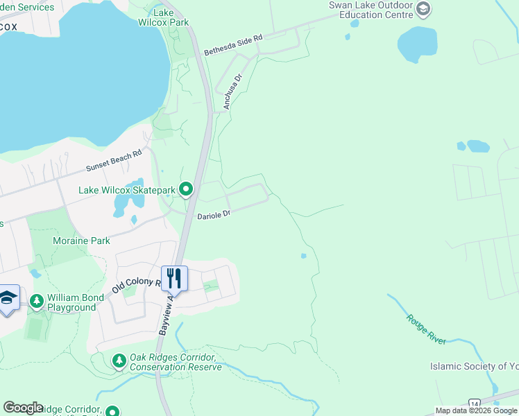 map of restaurants, bars, coffee shops, grocery stores, and more near 101 Dariole Drive in Richmond Hill