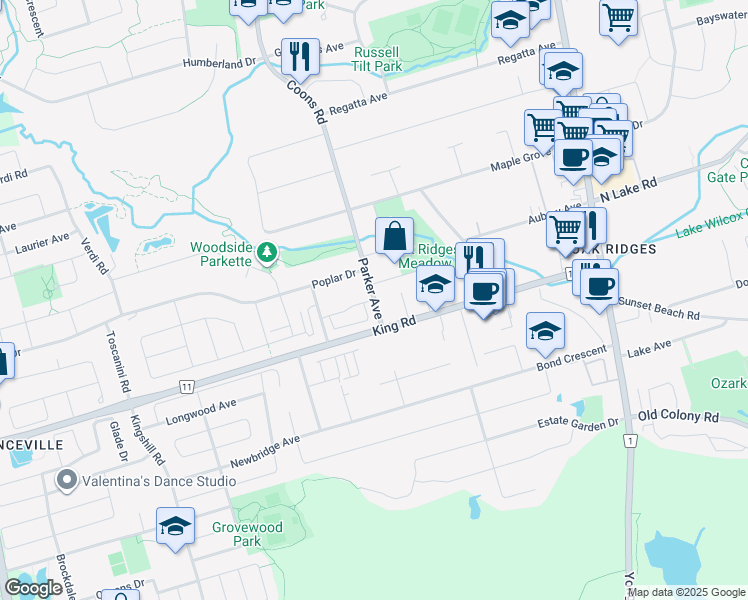 map of restaurants, bars, coffee shops, grocery stores, and more near Globemaster Lane in Richmond Hill