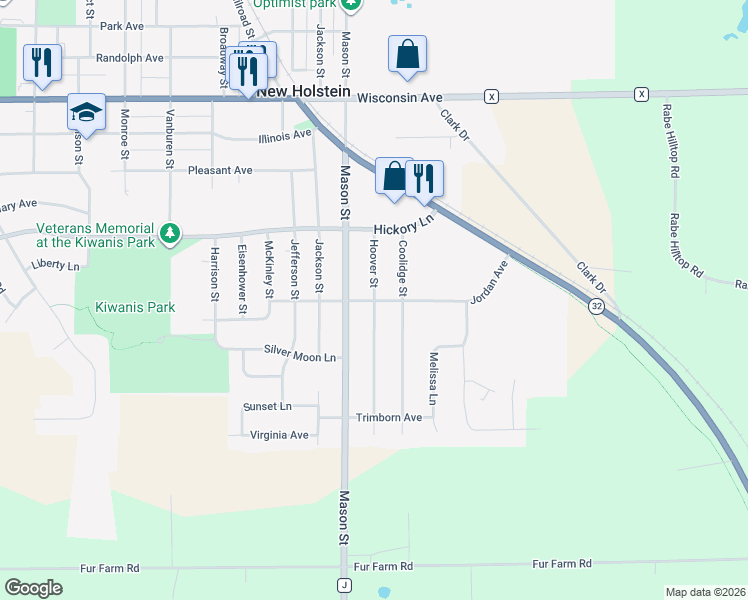map of restaurants, bars, coffee shops, grocery stores, and more near 1701 Hoover Street in New Holstein