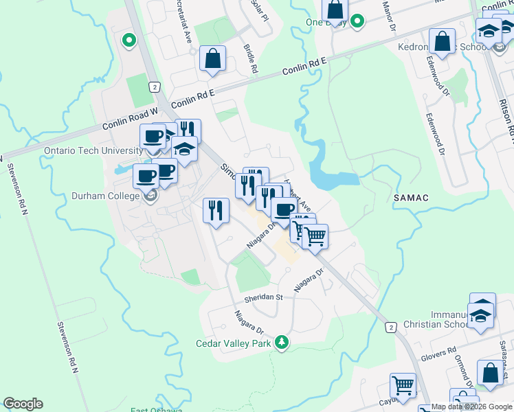 map of restaurants, bars, coffee shops, grocery stores, and more near 1900 Simcoe Street North in Oshawa