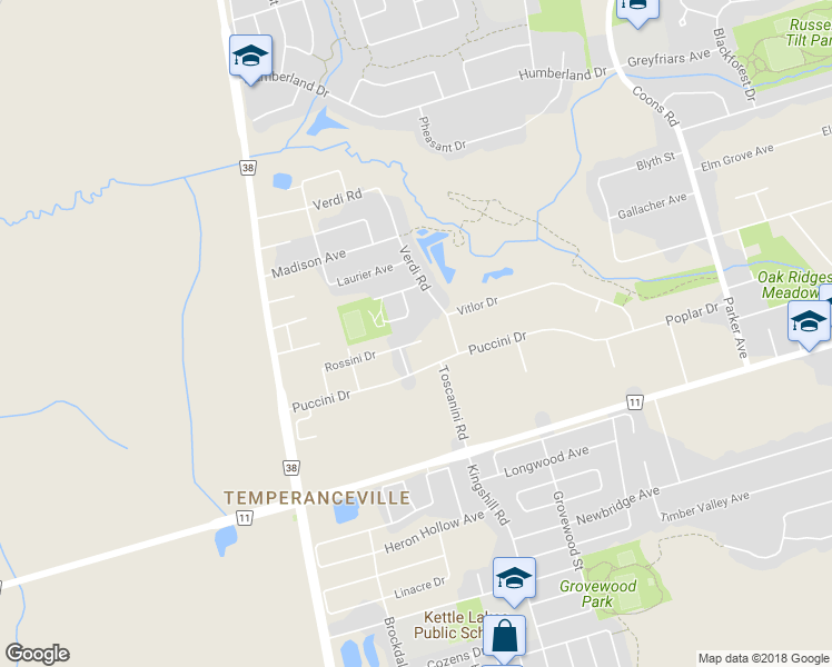 map of restaurants, bars, coffee shops, grocery stores, and more near 18 Rossini Drive in Richmond Hill