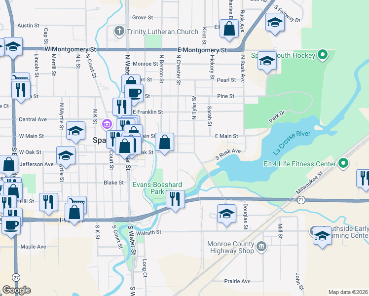 map of restaurants, bars, coffee shops, grocery stores, and more near 100 South Tyler Street in Sparta