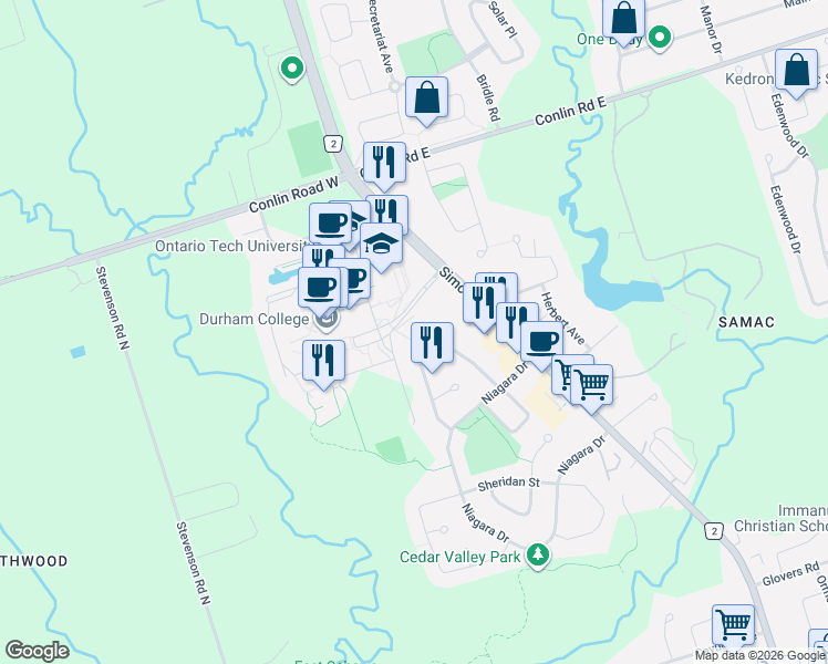 map of restaurants, bars, coffee shops, grocery stores, and more near 1873 Dalhousie Crescent in Oshawa