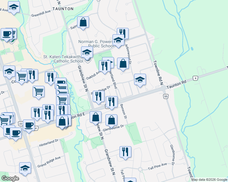 map of restaurants, bars, coffee shops, grocery stores, and more near 1472 Heartland Boulevard in Oshawa