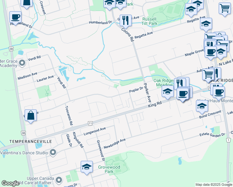 map of restaurants, bars, coffee shops, grocery stores, and more near 1 Vitlor Drive in Richmond Hill
