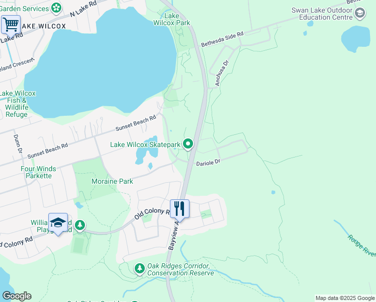 map of restaurants, bars, coffee shops, grocery stores, and more near Bayview Park Lane in Richmond Hill
