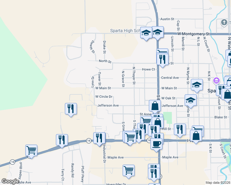 map of restaurants, bars, coffee shops, grocery stores, and more near 1111 West Main Street in Sparta