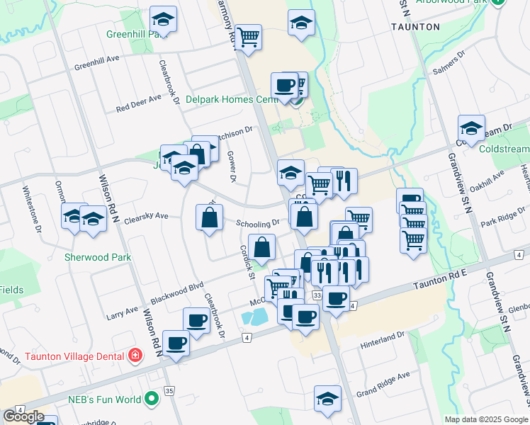 map of restaurants, bars, coffee shops, grocery stores, and more near 1067 Coldstream Drive in Oshawa