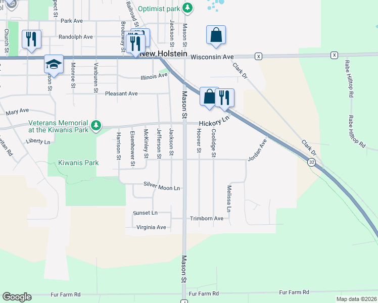 map of restaurants, bars, coffee shops, grocery stores, and more near 1701 Hoover Street in New Holstein