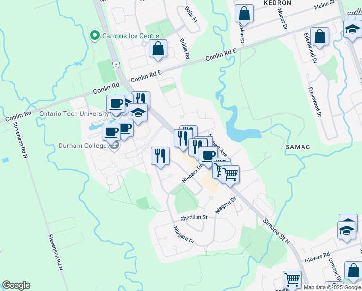 map of restaurants, bars, coffee shops, grocery stores, and more near 1916 Simcoe Street North in Oshawa